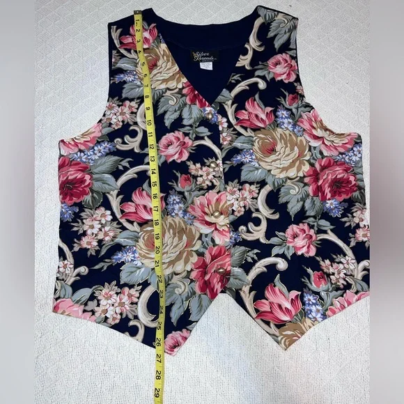 Vintage Silver Threads 1X Floral Vest Navy Made in USA Cottagecore - Picture 7 of 9